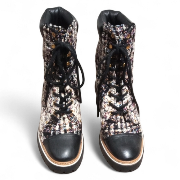 Tory Burch Miller Tweed Leather Cap Toe Combat Lace Up Boots Sz 8